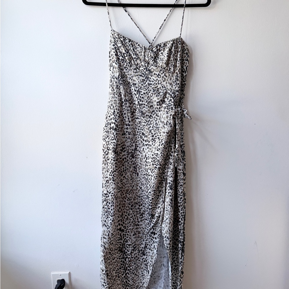 Zara Cream and Black Leopard-Print Maxi Slip Dress with Side Tie